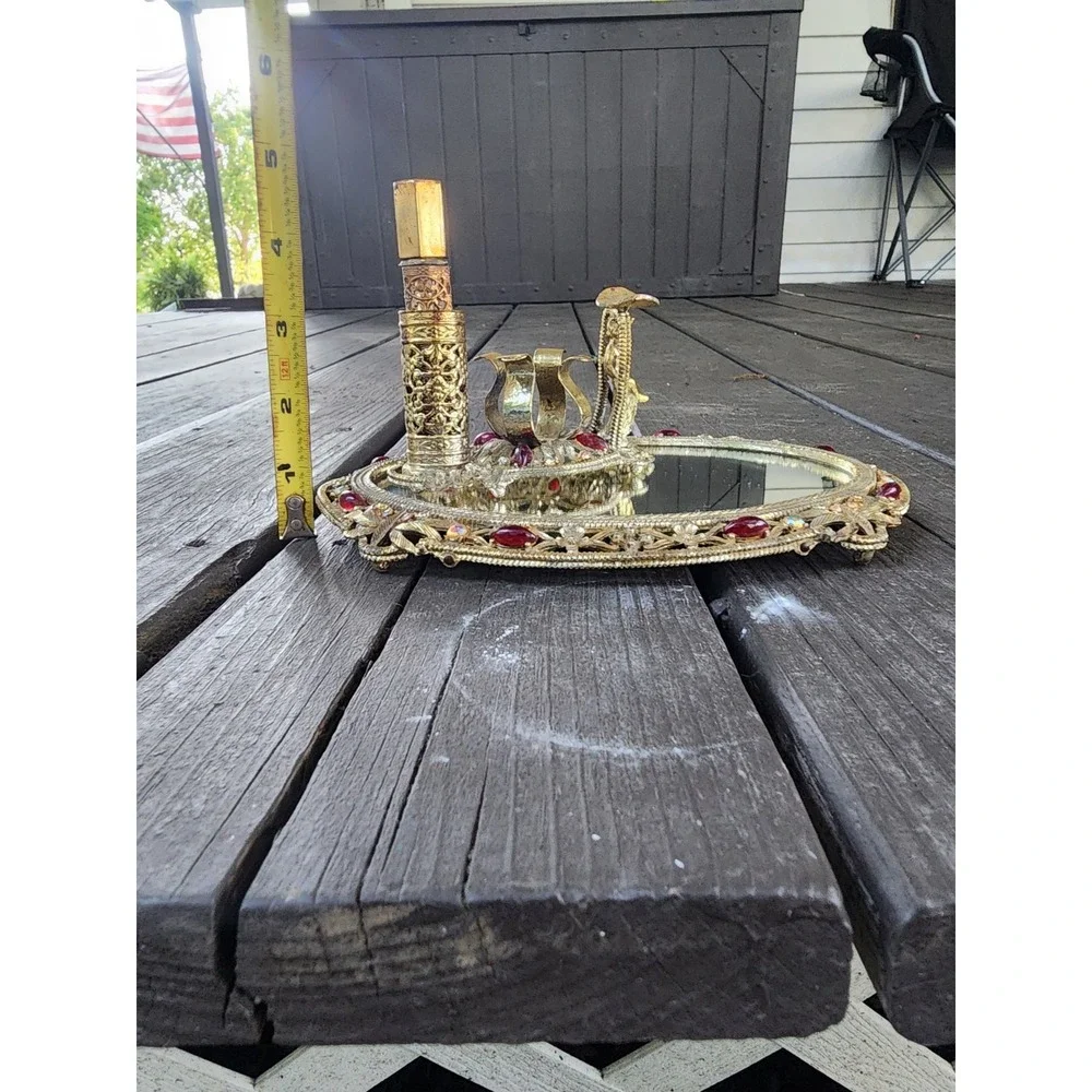 Vintage Antique Art Nouveau Gold Tone Ruby Jeweled Vanity Set, Ormolu Revlon HTF